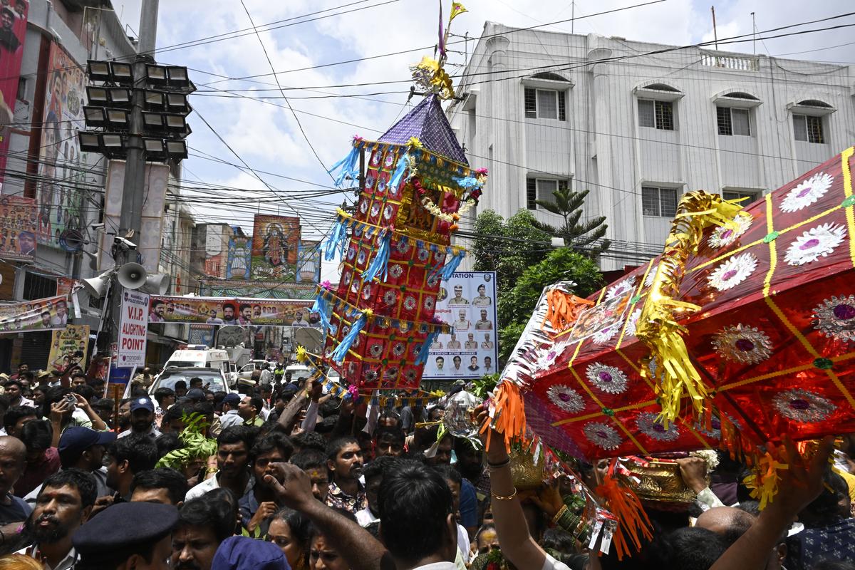 Devotees at the annual Ujjaini Mahankali Bonalu Jatra, also called ‘Lashkar Bonalu’, in Secunderabad on Sunday. Devotees at the annual Ujjaini Mahankali Bonalu Jatra, also called ‘Lashkar Bonalu’, in Secunderabad on Sunday.