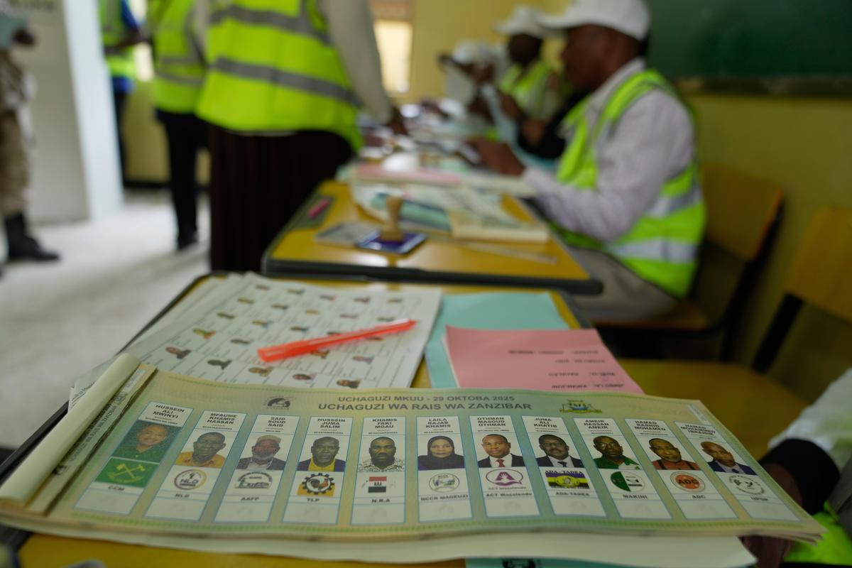 Ballot papers bearing the names of the presidential candidates at Tumekuja Secondary School polling station in Zanzibar, Tanzania, Tuesday, Oct. 28, 2025. Ballot papers bearing the names of the presidential candidates at Tumekuja Secondary School polling station in Zanzibar, Tanzania, Tuesday, Oct. 28, 2025.