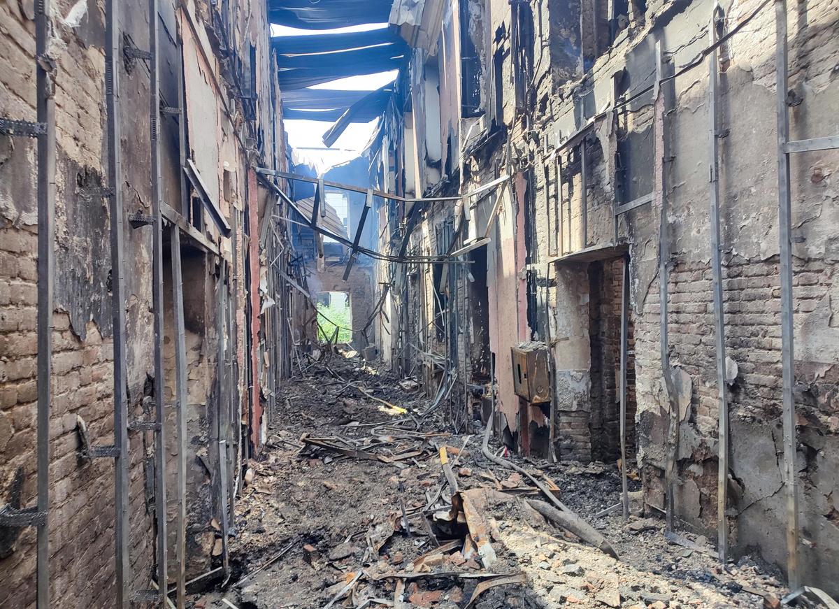 A destroyed building of the Starobilsk College of Luhansk Pedagogical University following a recent attack in the Luhansk region on May 23, 2026.