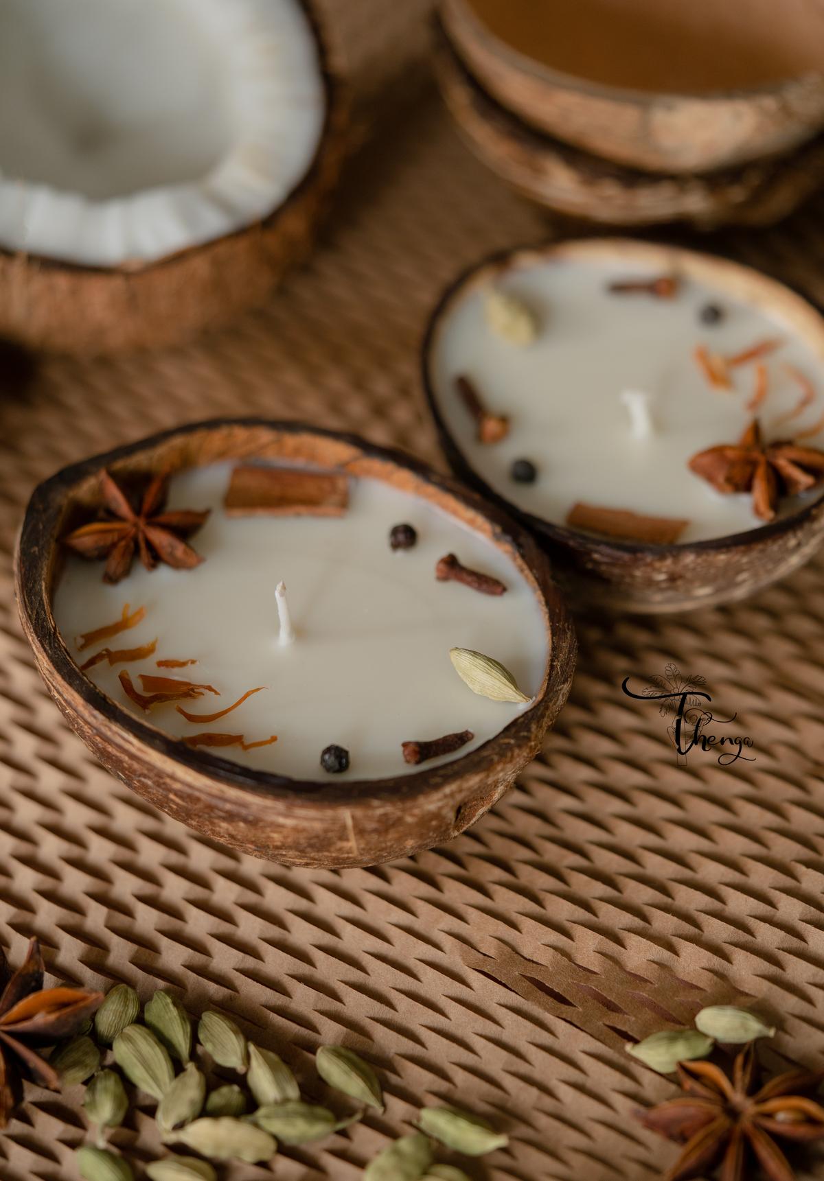 The spice coconut shell candle diya by Thenga Coco