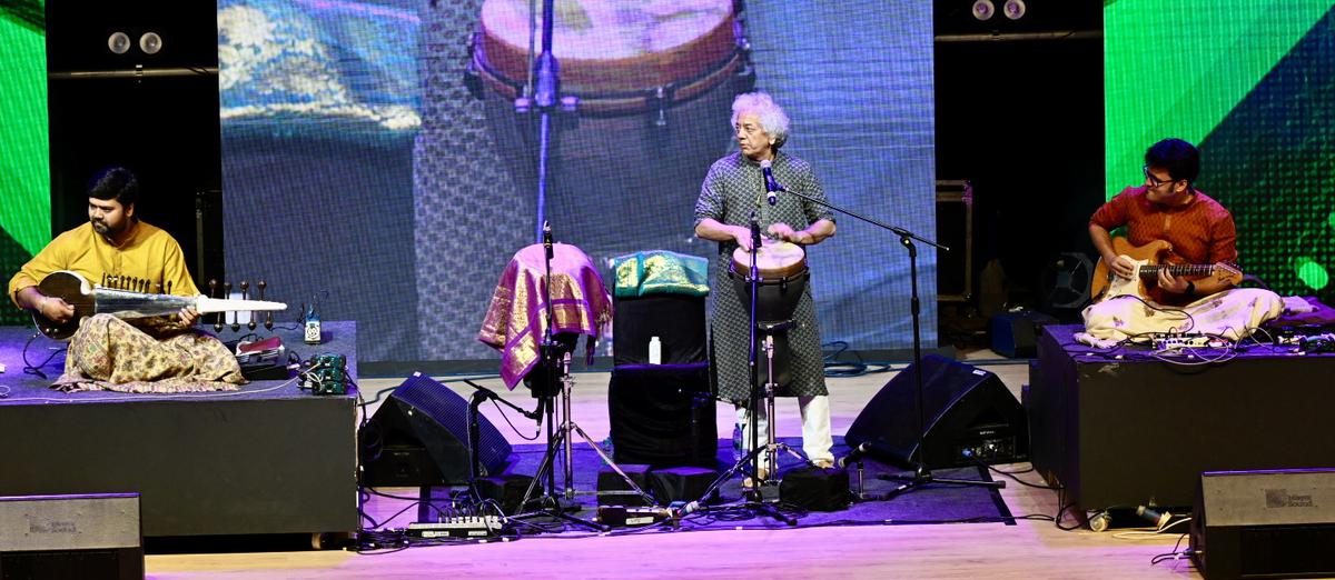 Taufiq Qureshi and team performing at the Mahindra Percussion Festival in Bengaluru on Sunday.