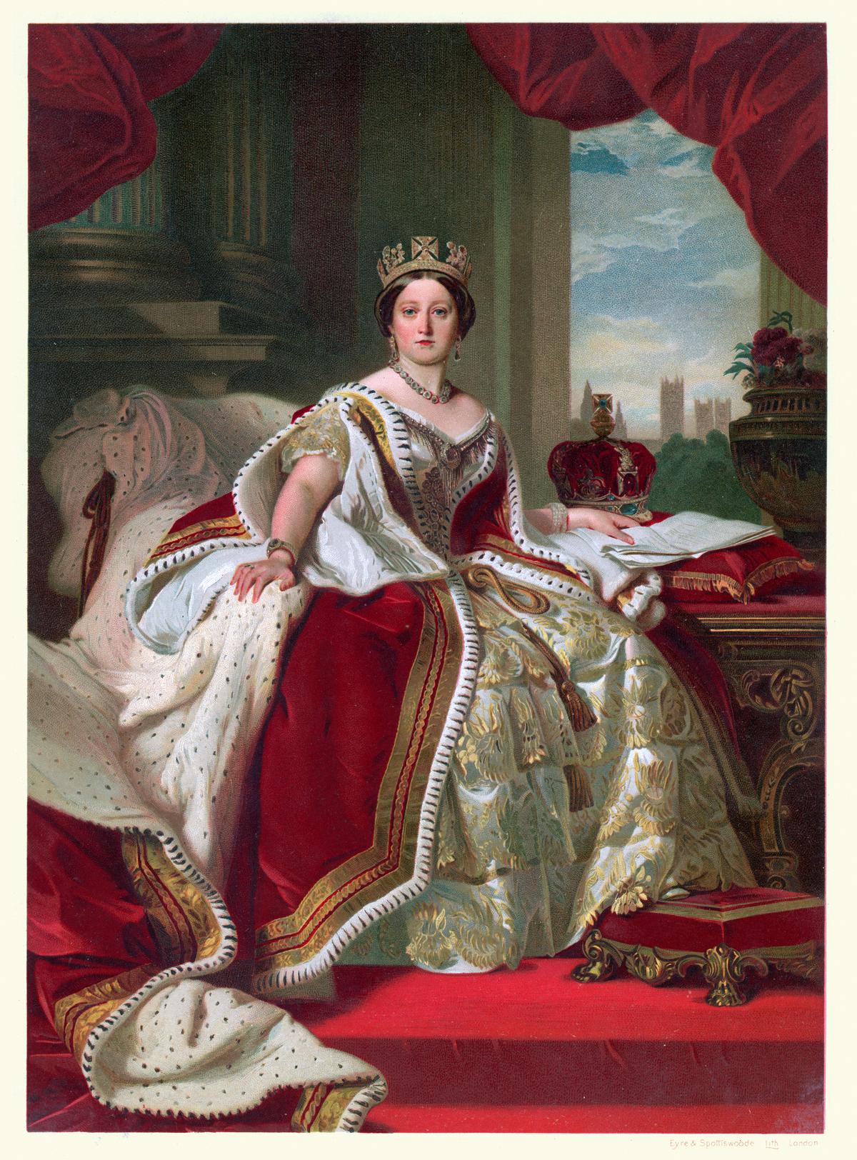 Vintage color lithograph of Queen Victoria in her robes of state.