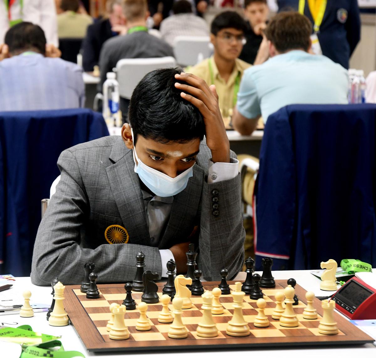 Indian Chess Grandmaster Pragyananand plays on the second day of the 44th Chess Olympiad held in Mamallapuram on Saturday.