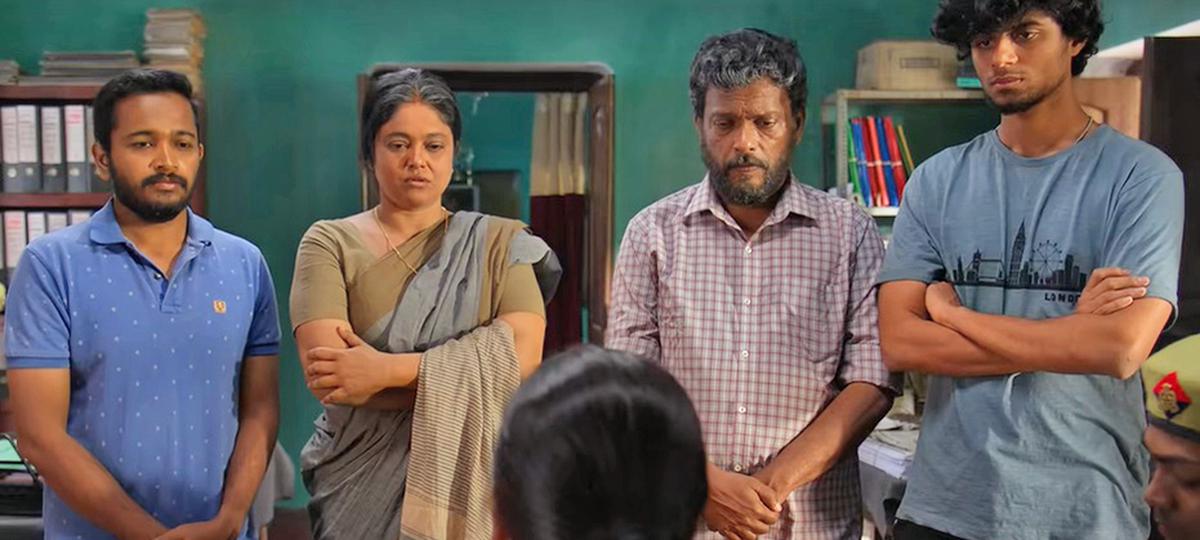 (from left) Basil Joseph, Manju Pillai, Jagadish and Santhosh Pradeep in a still from Falimy. 