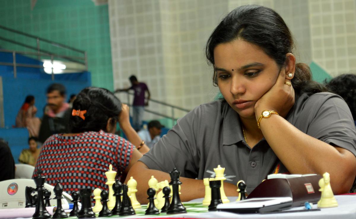 Hyderabad, Andhra Pradesh, 23-2-2013: India's first WGM Subbaraman Vijayalakshmi is all engrossed during the National women's team chess championship in Hyderabad on February 23, 2013. 