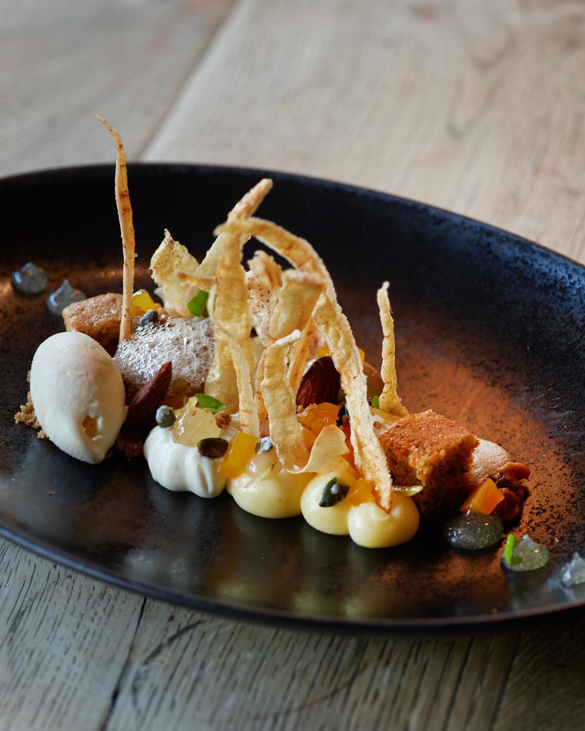 Parsnips in a citrus-inspired texture and maple syrup ice cream Parsnips in a citrus-inspired texture and maple syrup ice cream