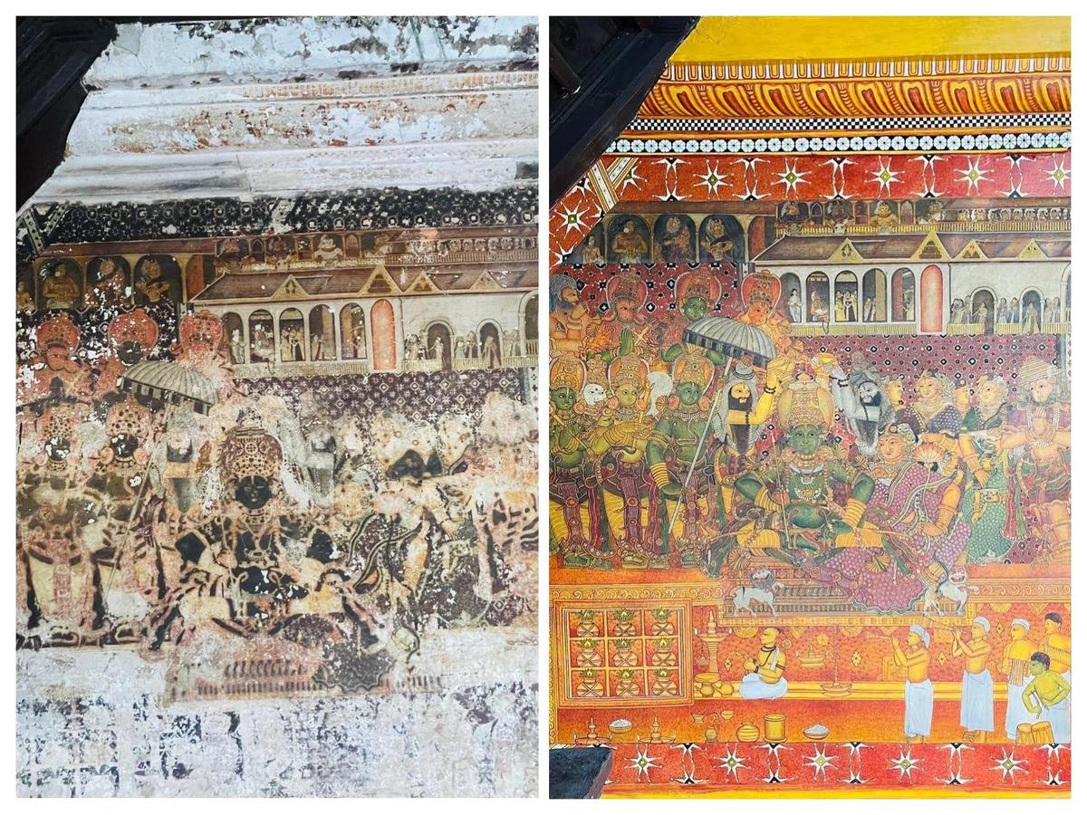 (बाएं से) जीर्णोद्धार से पहले और बाद में श्रीराम पट्टाभिषेकम 