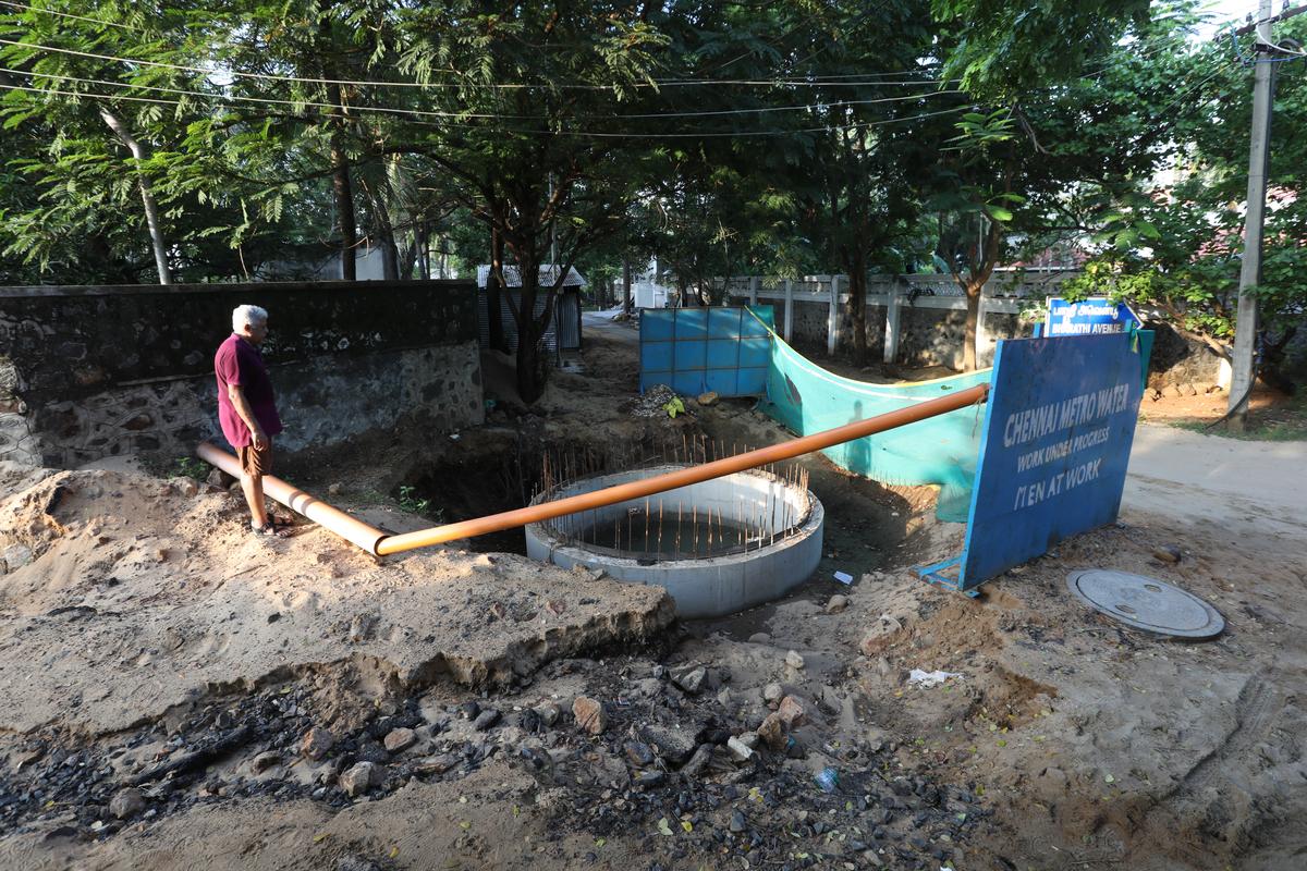 Incomplete CWMSSB sewerage well at Bharathi Avenue in Injambakkam, on August 13, 2024. 