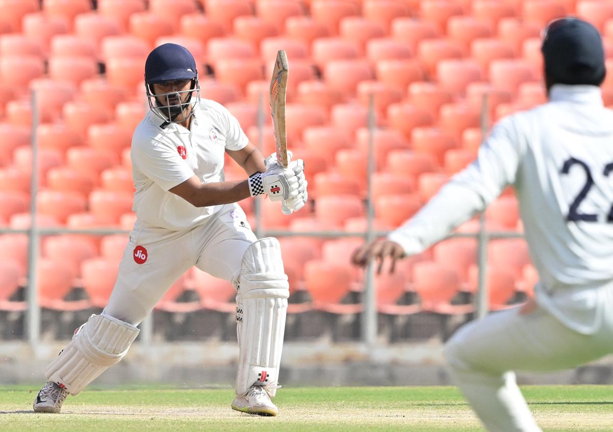 Gujarat’s Priyank Panchal plays a shot on the third day of the Ranji Trophy semifinal against Kerala in Ahmedabad on February 19, 2025. 