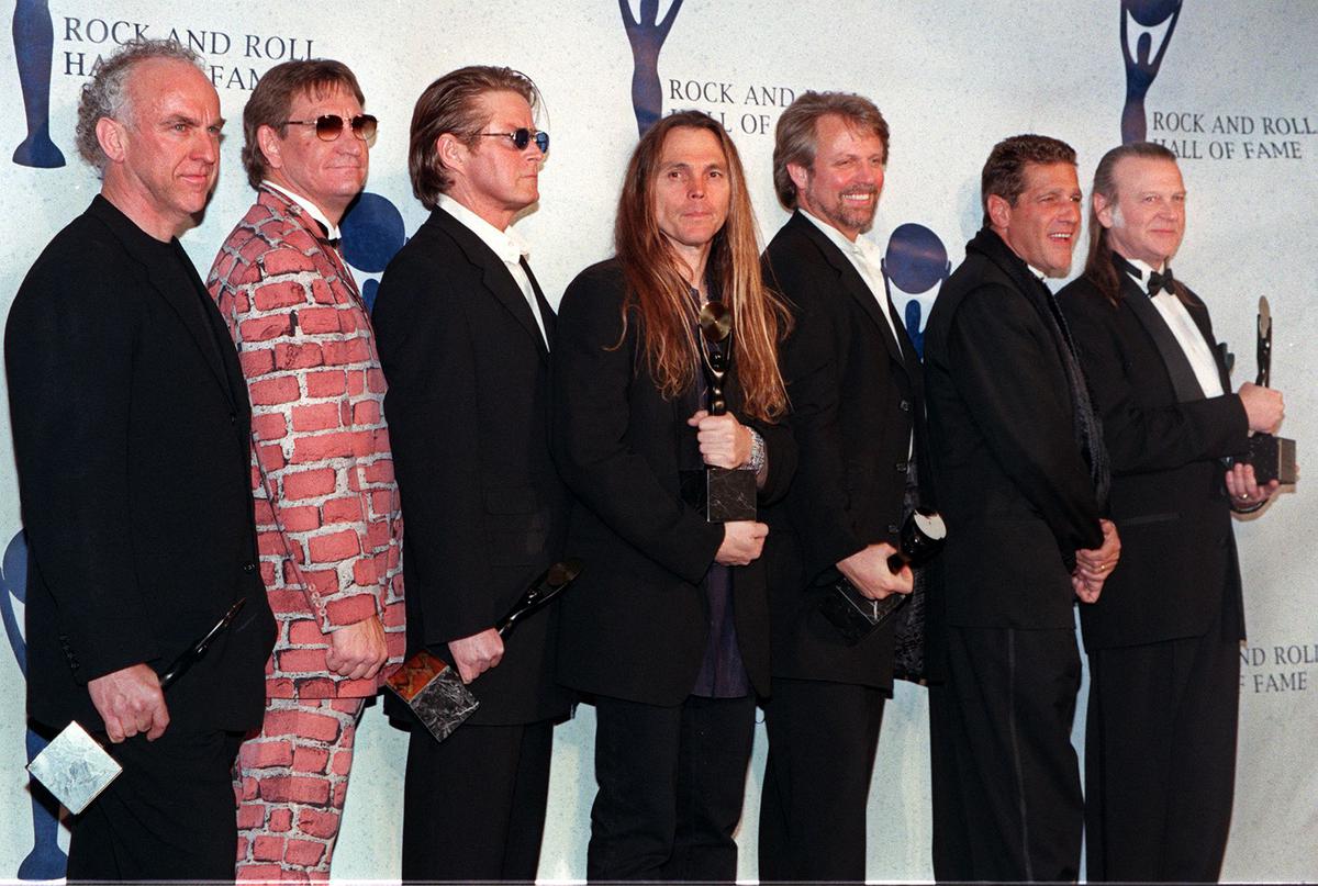 The Eagles (from left:) Bernie Leadon, Joe Walsh, Don Henley, Timothy Schmit, Don Felder, and Randy Meisner appear together after receiving their awards and being inducted into the Rock & Roll Hall of Fame, January 12, 1998 in New York. Randy Meisner, a founding member of chart-topping rock band the Eagles, has died in Los Angeles at the age of 77, the group said July 27, 2023.