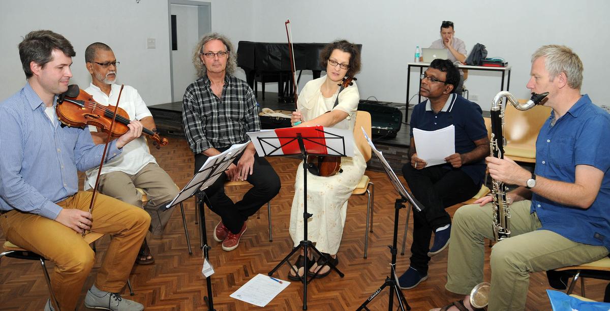 (From left) Musicians Theodor Flindell, V. S. Narasimhan, Helmut Schippert, Ana Maria Rodriguez, Ramesh Vinayakam and Theo Nabicht at Goethe Institut in Chennai in 2016 (From left) Musicians Theodor Flindell, V. S. Narasimhan, Helmut Schippert, Ana Maria Rodriguez, Ramesh Vinayakam and Theo Nabicht at Goethe Institut in Chennai in 2016