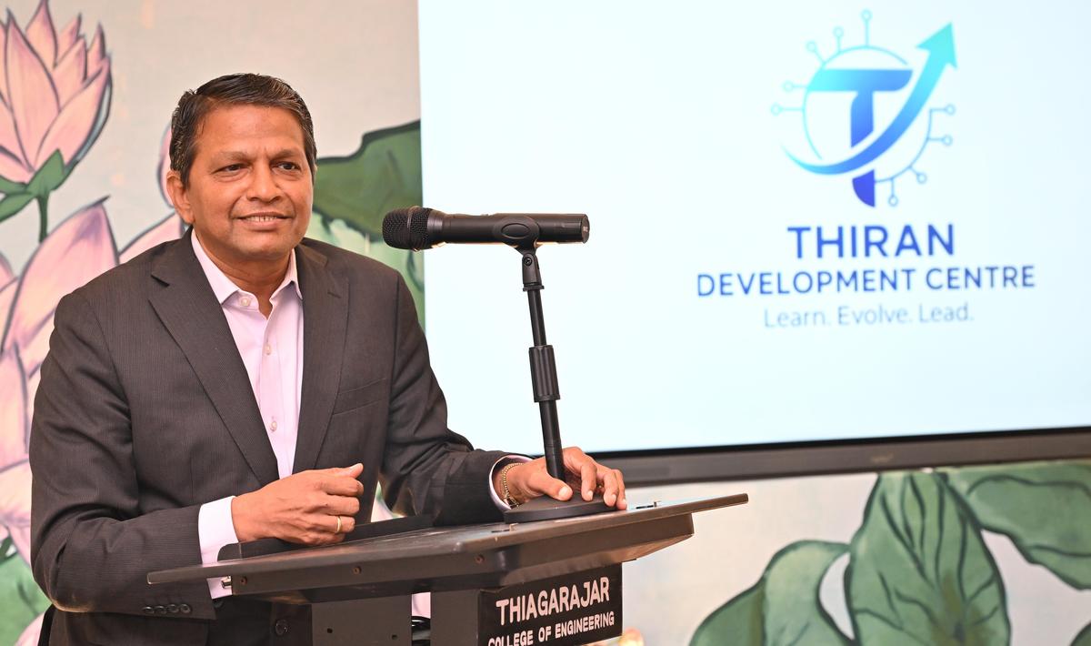 Venguswamy Ramaswamy, Global Head, TCS iON, speaking at the inauguration of Career Development Centre at Thiagarajar College of Engineering in Madurai on Monday. 