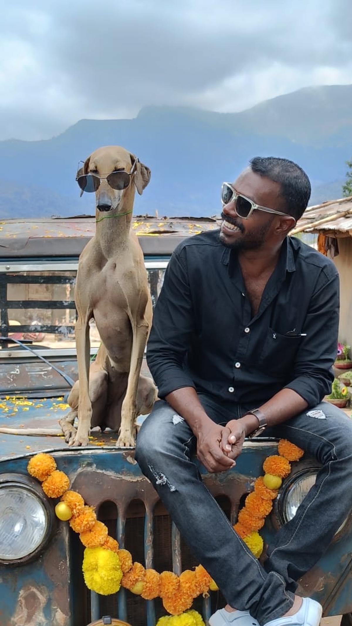 Shaji Balaramapuram with Brownie, the Chippiparai breed, on the set of Vilayath Buddha Shaji Balaramapuram with Brownie, the Chippiparai breed, on the set of Vilayath Buddha