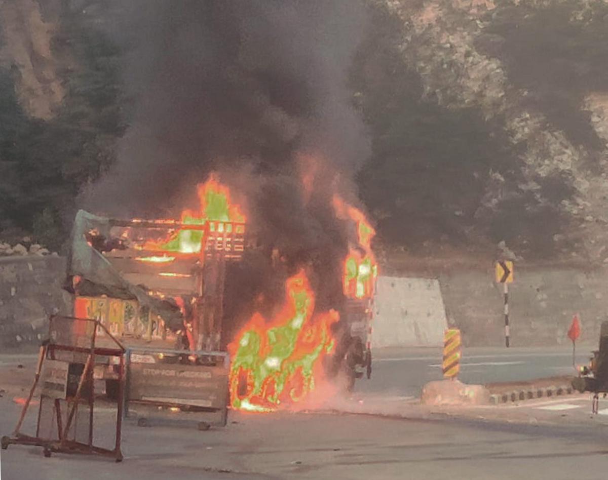 The truck that was set on fire during an encounter between terrorists and security forces in the Sidhra area, in Jammu, Wednesday, Dec. 28, 2022. The truck that was set on fire during an encounter between terrorists and security forces in the Sidhra area, in Jammu, Wednesday, Dec. 28, 2022.