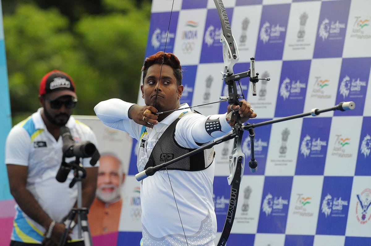 Atanu Das (West Bengal) who won the men’s recurve individual gold at the 36th National Games Gujarat 2022 in Ahmedabad on Thursday, October 06, 2022. 