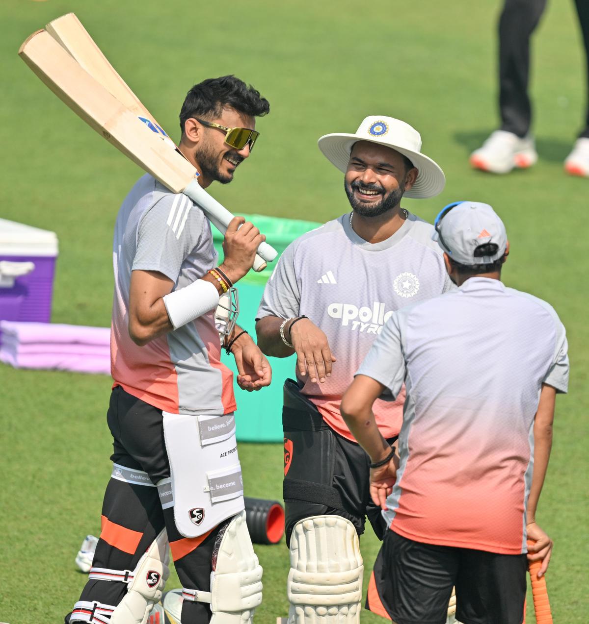 India's vice-captain Rishabh Pant shares a lighter moment with Axar Patel during the practice session ahead of the first Test against South Africa, in Kolkata on Thursday, November 13, 2025. 