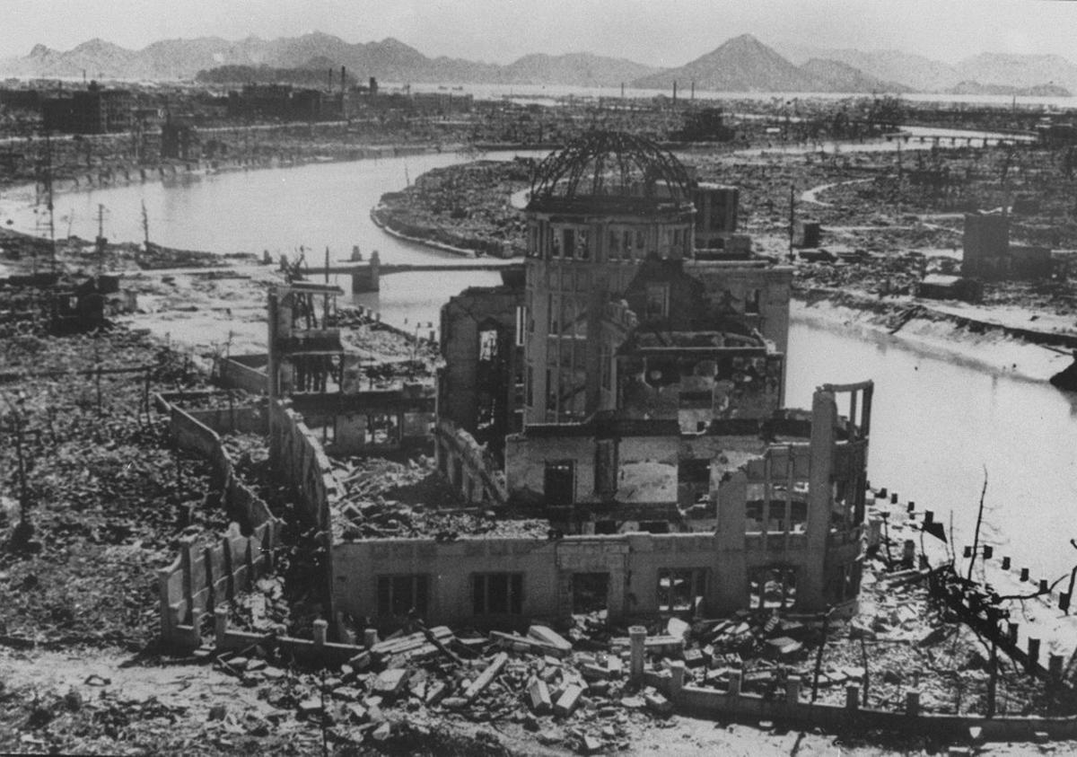 A photo dated September 1945 of the remains of the Prefectural Industry Promotion Building after the nuclear bombing of Hiroshima, Japan. The Nobel Peace Prize was on October 11, 2024 awarded to the Japanese anti-nuclear group Nihon Hidankyo, a grassroots movement of atomic bomb survivors from Hiroshima and Nagasaki, also known as Hibakusha. 