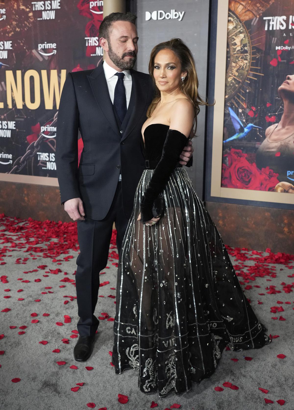 Ben Affleck, left, and Jennifer Lopez arrive at the premiere of ‘This Is Me... Now: A Love Story’ on Tuesday, Feb. 13, 2024, at the Dolby Theatre in Los Angeles. (Photo by Jordan Strauss/Invision/AP)