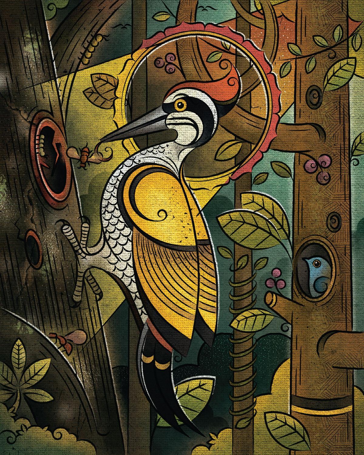 A painting of a woodpecker. A painting of a woodpecker.