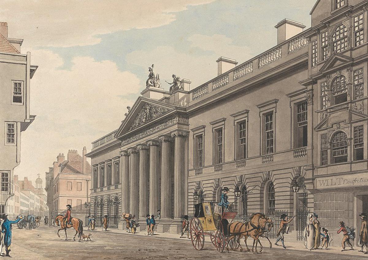 A painting (by Thomas Malton) from the 1800s of East India House, the London headquarters of the East India Company. It was demolished in 1861. A painting (by Thomas Malton) from the 1800s of East India House, the London headquarters of the East India Company. It was demolished in 1861.