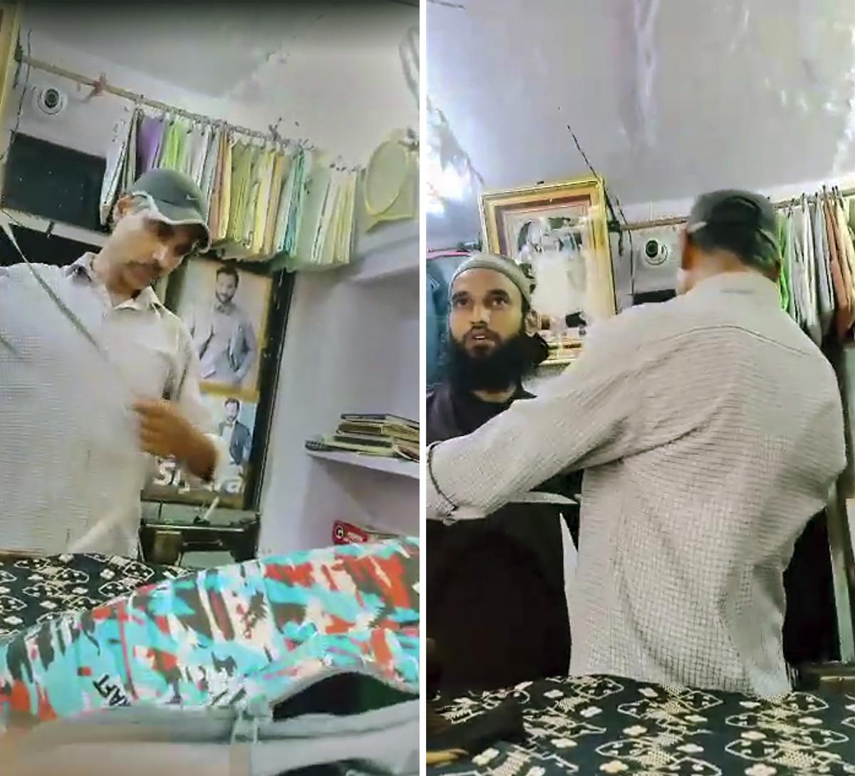 In this combo image, Kanhaiya Lal, a tailor works at his shop before he was attacked by an assailant with a sharp weapon while the other filmed the crime, in Udaipur, on  June 28, 2022.