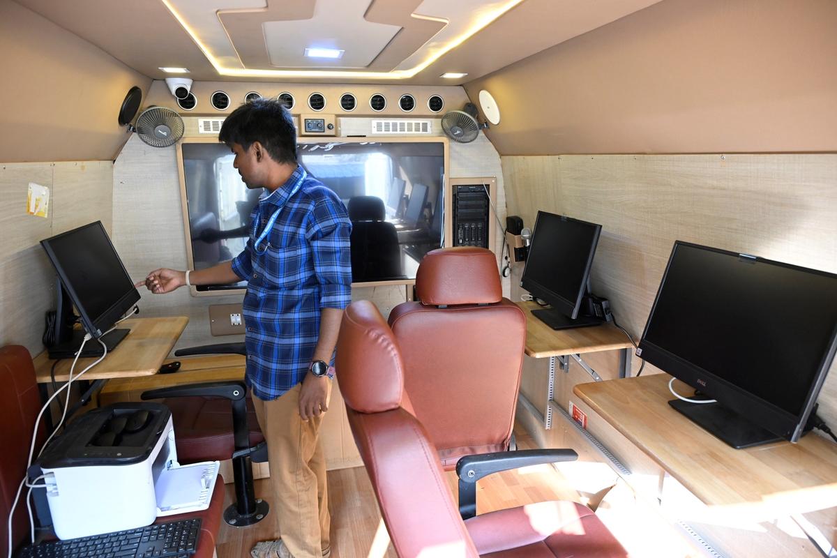 Inside view of the van to collect various taxes from residents and commercial establishments in Erode in Tamil Nadu on Wednesday.