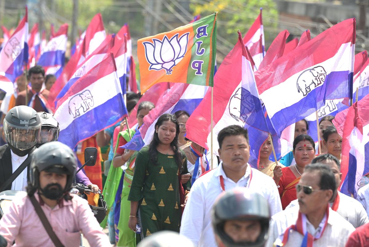 AGP and BJP supporters during a joint rally on the last day of filing nominations, on the streets of Guwahati.