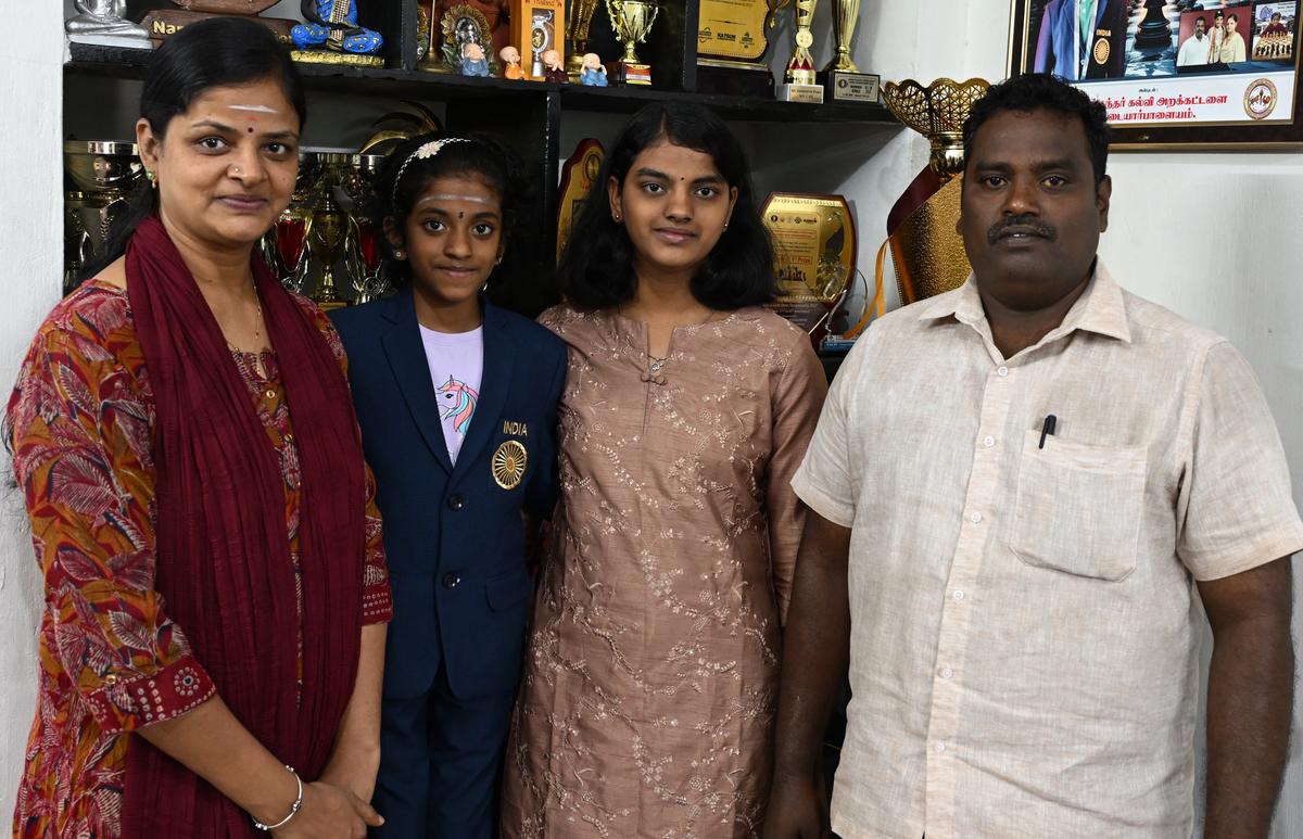 A.S. Sharvaanica with her family members from left P. Anburoja (mother), A.S.Ratshikaa (sister) and P. Saravanan (father) at Udayarpalayam.