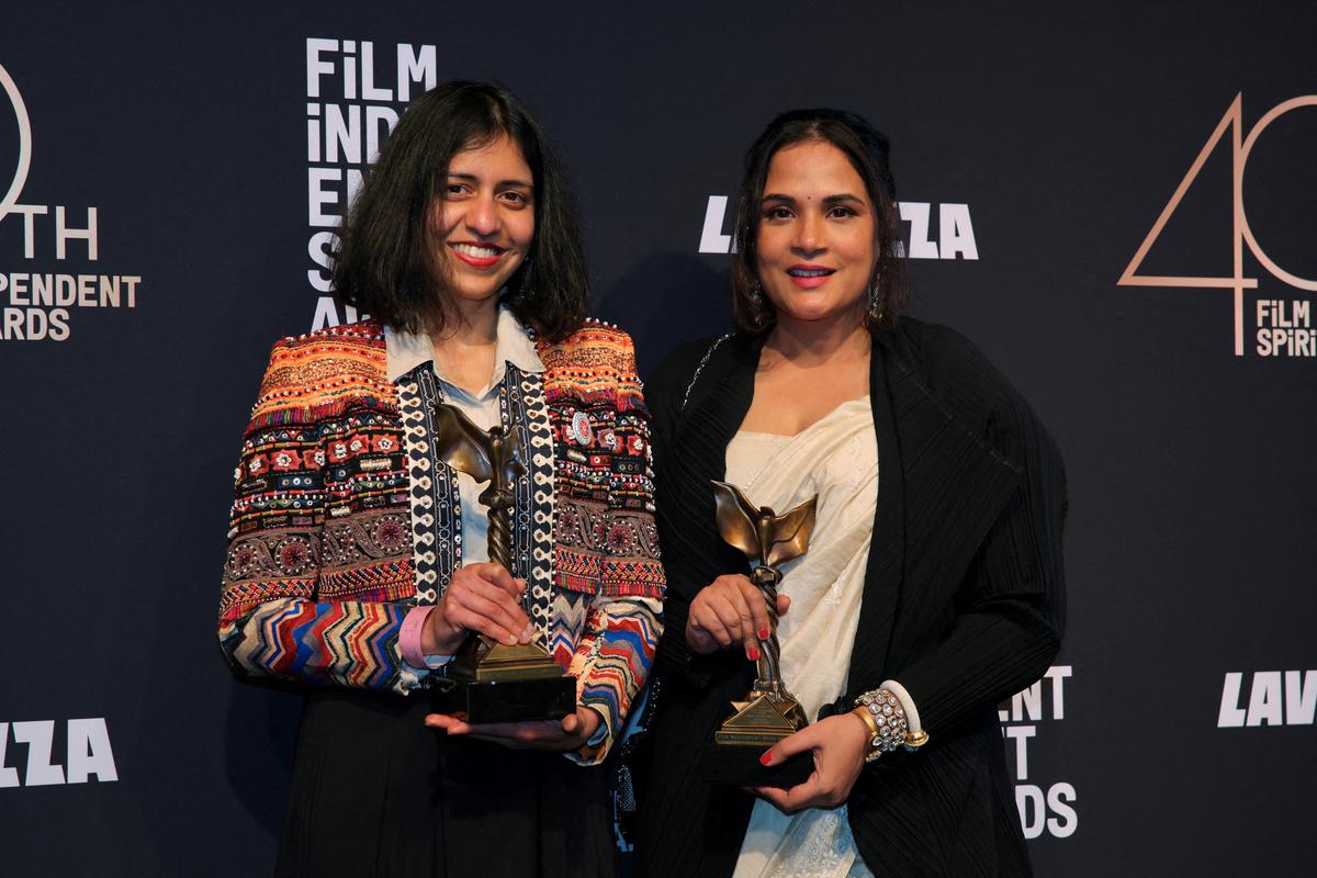 Shuchi Talati and Richa Chadha pose with the John Cassavetes Award for “Girls Will Be Girls” during the 40th Film Independent Spirit Awards in Santa Monica, California, U.S., February 22, 2025.