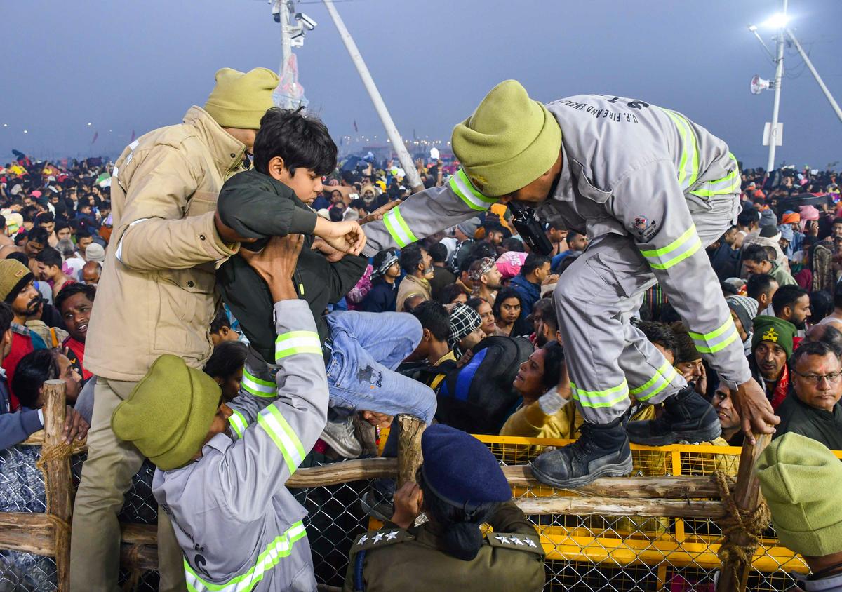 A devotee being rescued following a stampede before the ‘Amrit Snan’ on the occasion of Mauni Amavasya at the Maha Kumbh Mela 2025, in Prayagraj. A devotee being rescued following a stampede before the ‘Amrit Snan’ on the occasion of Mauni Amavasya at the Maha Kumbh Mela 2025, in Prayagraj.
