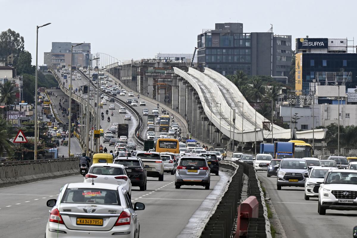 Work on the Namma Metro Blue Line is under Progress on Balary Road, Near Jakkur, in Bengaluru.