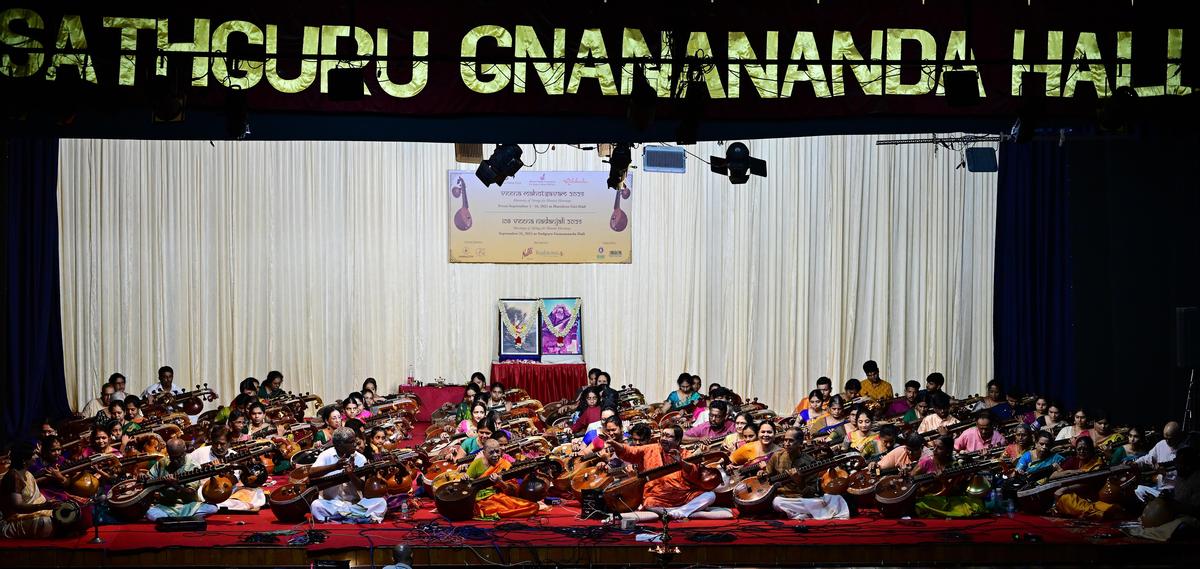 108 veena players perform a ‘veena nadanjali’ at Narada Gana Sabha in Chennai in September 2025