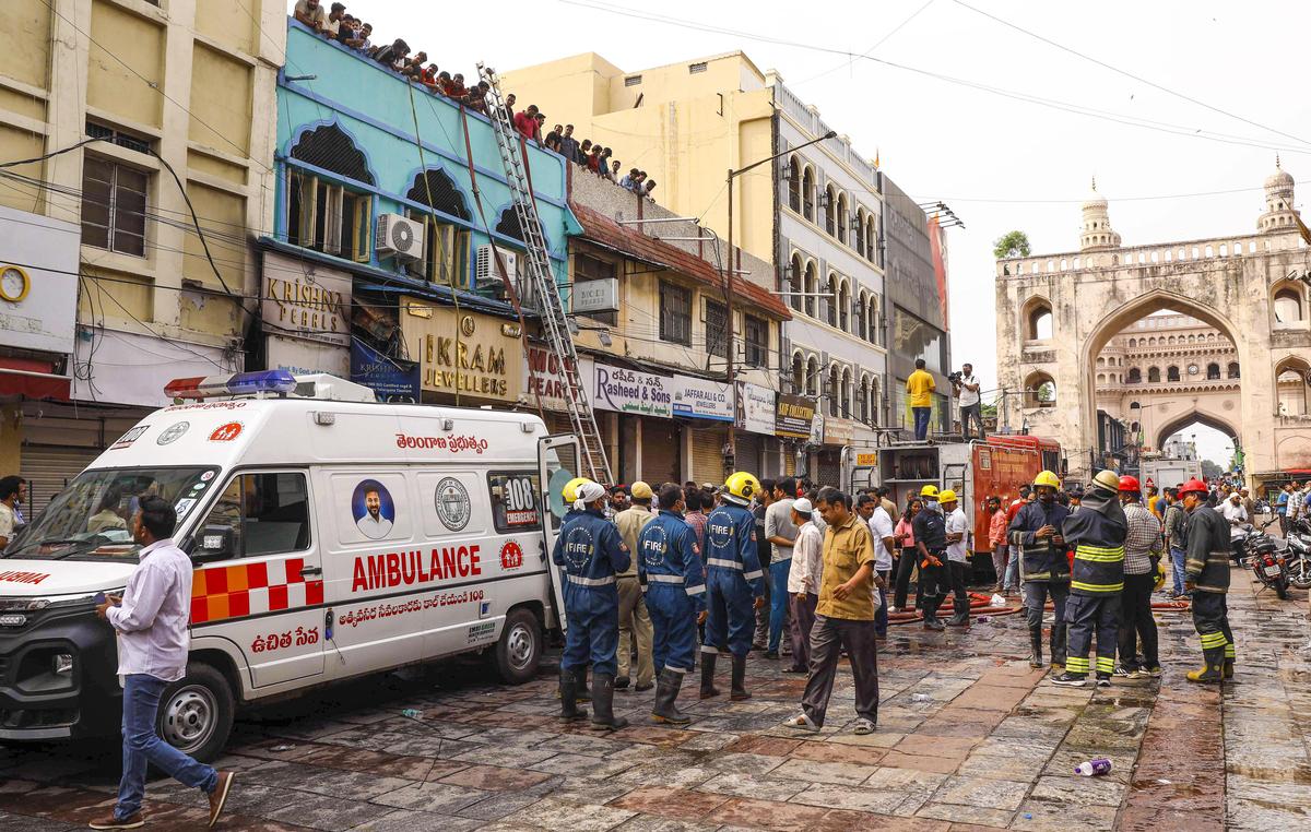 Firefighters at work after a fire broke out in a building near Gulzar Houz in the Old City area of Hyderabad in Telangana,