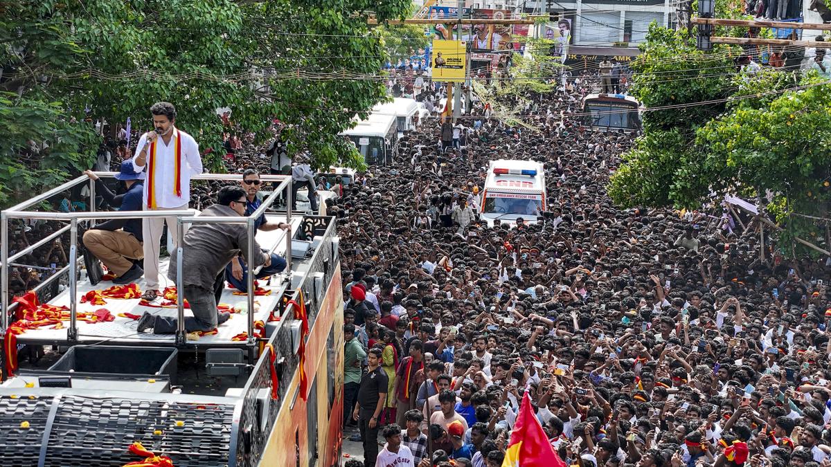 Good start: Actor and TVK leader Vijay addressing his supporters at Marakadai in Tiruchi at the start of his first State-wide political tour on September 13, 2025