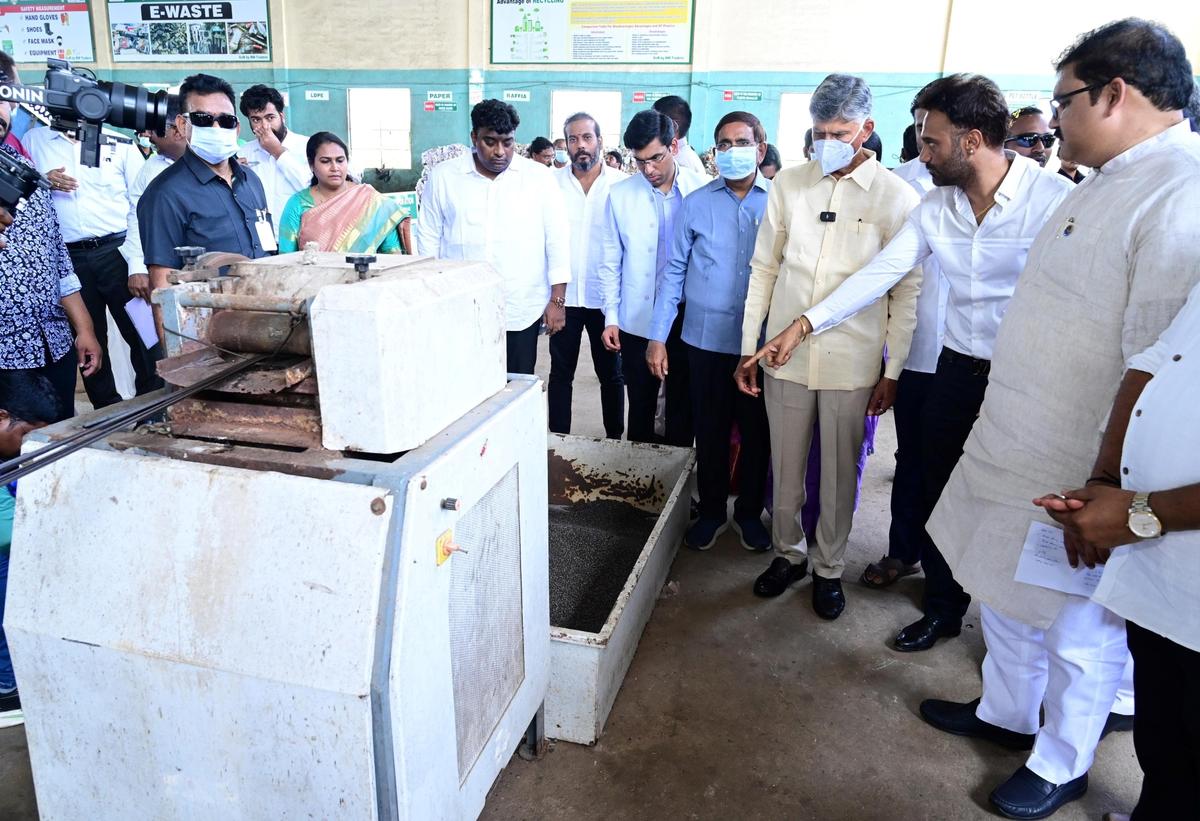 Andhra Pradesh Chief Minister N. Chandrababu Naidu inspecting the integrated waste processing centre at Thukivakam, near Tirupati, on Saturday. Minister for Municipal Administration P. Narayana, Collector S. Venkateswar and MCT Commissioner N. Mourya are seen.