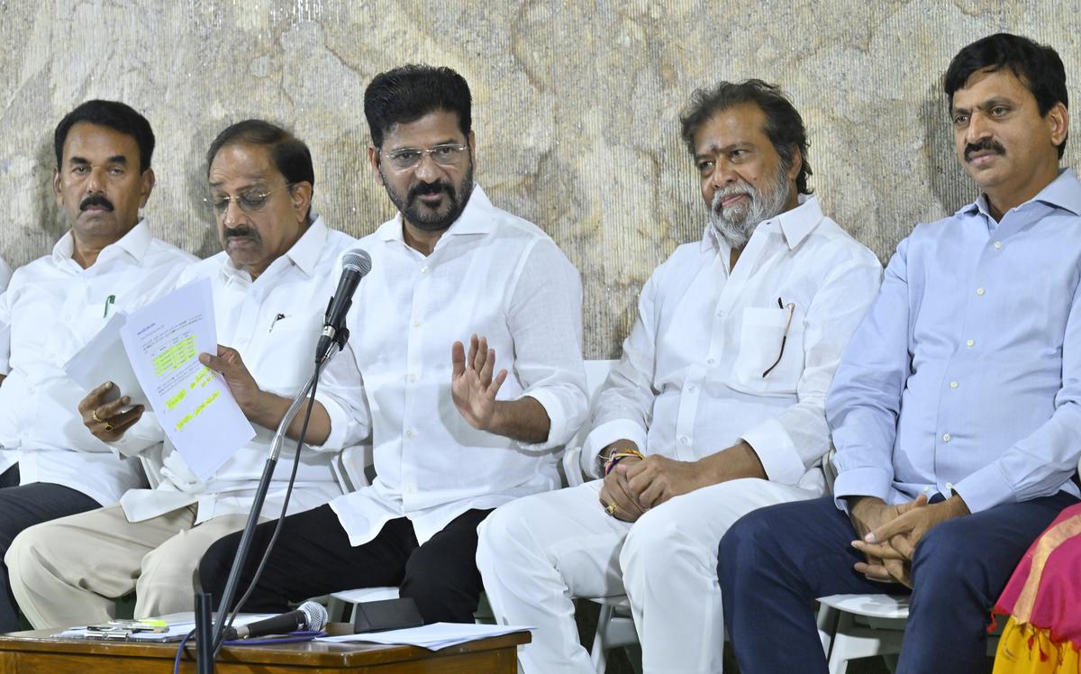 Chief Minister A. Revanth Reddy along with his cabinet colleagues addressing a press conference on ‘Rythu Panduga’ (Farmers Festival) in Hyderabad on Sunday.
 