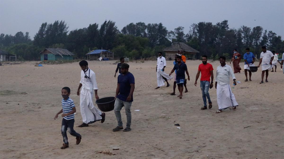 A still from Sasikumar Ambalathara’s documentary Give Me A Little Land – A Loving Shore for The Sea Turtle, which shows the villagers carrying the hatchlings to release them into the sea. 