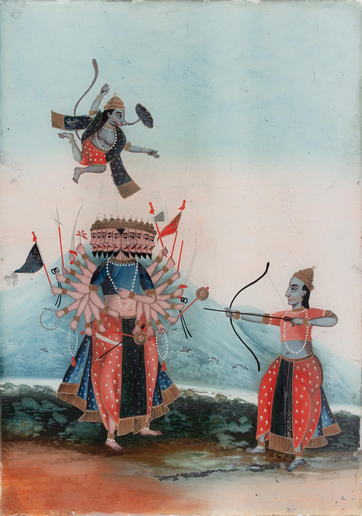 Scene from The Ramayana: Gouache , highlighted with gold pigment on glass (reverse painting)
