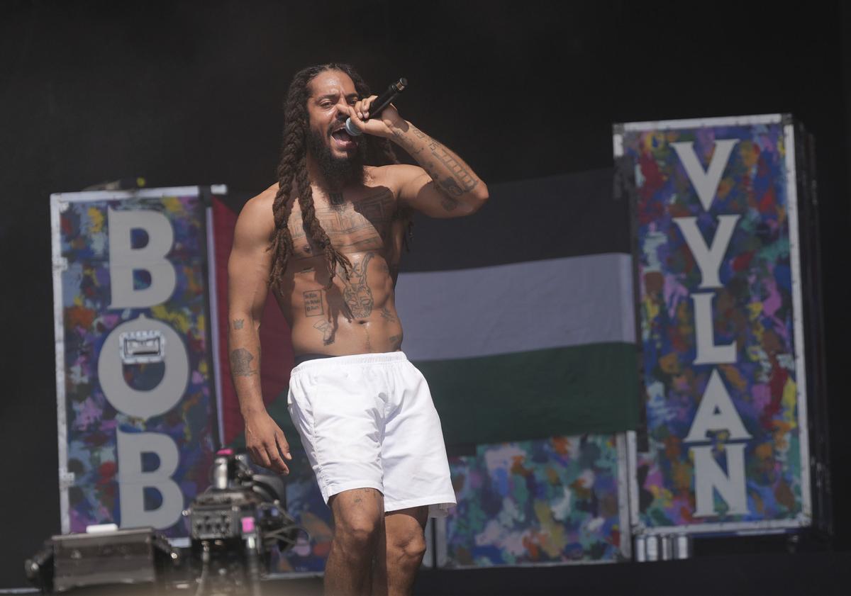 Bob Vylan perform on the West Holts Stage, during the Glastonbury Festival at Worthy Farm in Somerset. England, Saturday, June 28, 2025. 