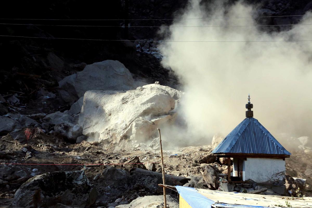 Stone blasting being performed amid search and rescue operation, in Kishtwar district, Jammu and Kashmir on August 16, 2025. Stone blasting being performed amid search and rescue operation, in Kishtwar district, Jammu and Kashmir on August 16, 2025.
