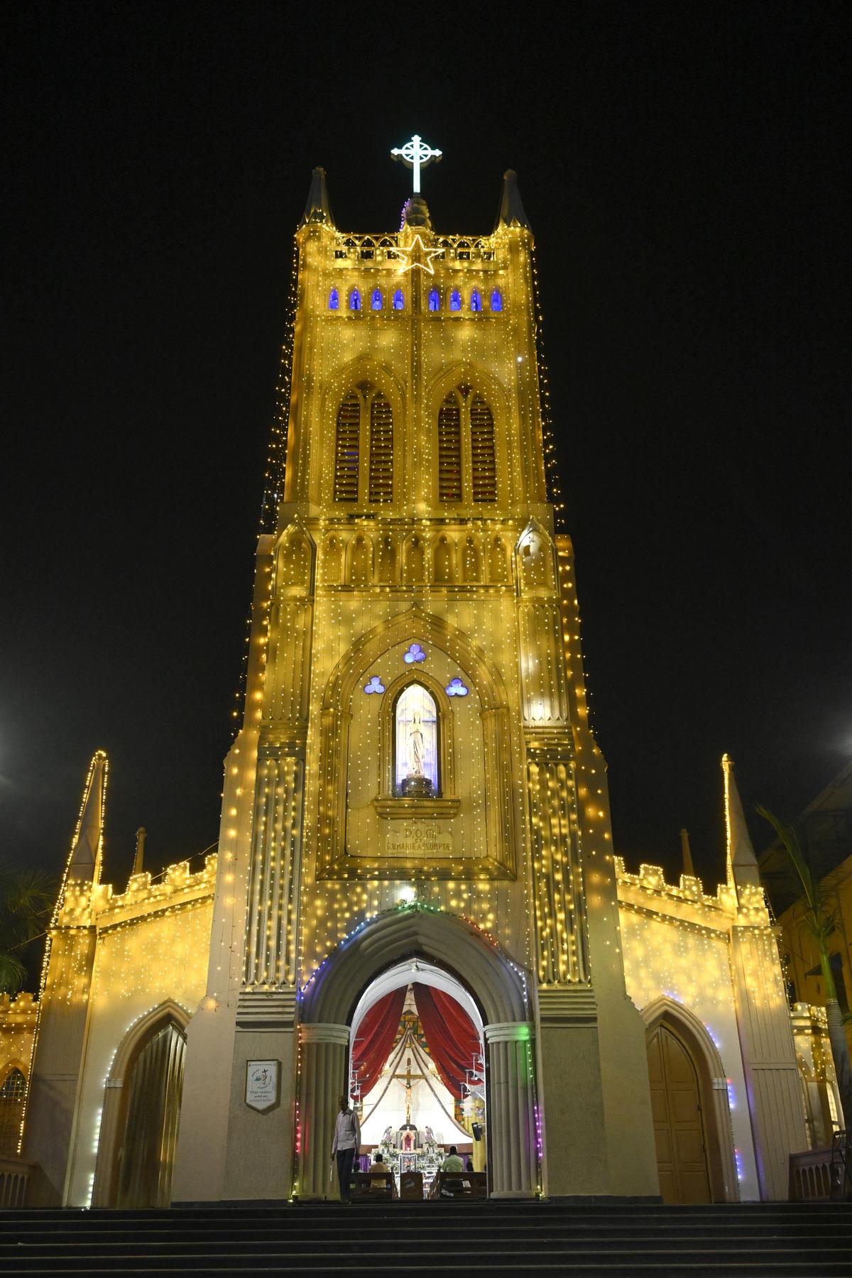 St. Mary’s Basilica Church illuminated as part of the Christmas celebration in Secunderabad on December 23, 2024. St. Mary’s Basilica Church illuminated as part of the Christmas celebration in Secunderabad on December 23, 2024.