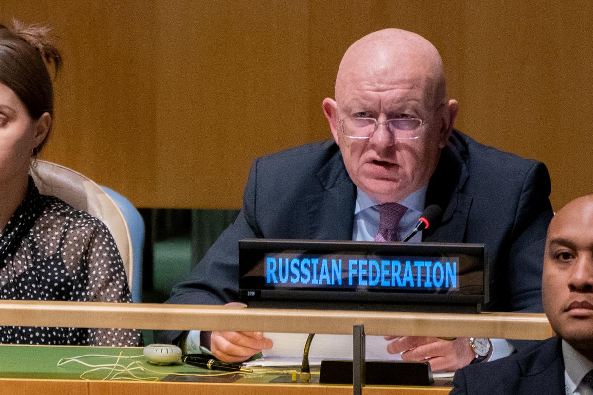 Russian Ambassador to the United Nations Vasily Nebenzia addresses members of the General Assembly ahead of the vote