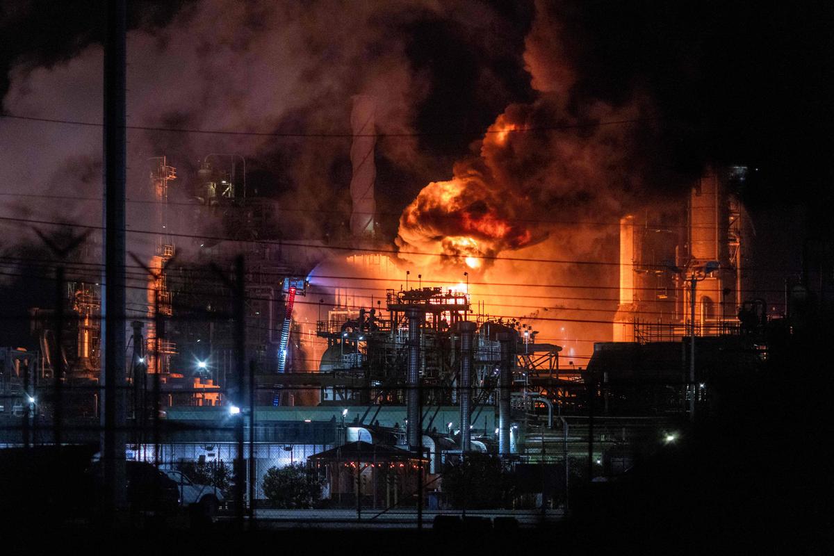 Flames rise from the Chevron refinery in El Segundo, on October 2, 2025.