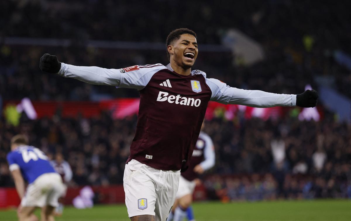 Marcus Rashford celebrates a goal for Aston Villa during his loan spell at the English club. File