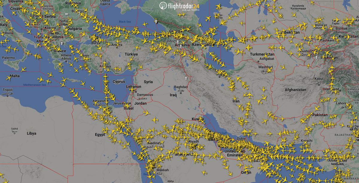 A graphical representation of air traffic shows airspace over Iran and the neighbouring Middle East at 0000 GMT, April 14, 2024. Photo: Flightradar24.Com via Reuters