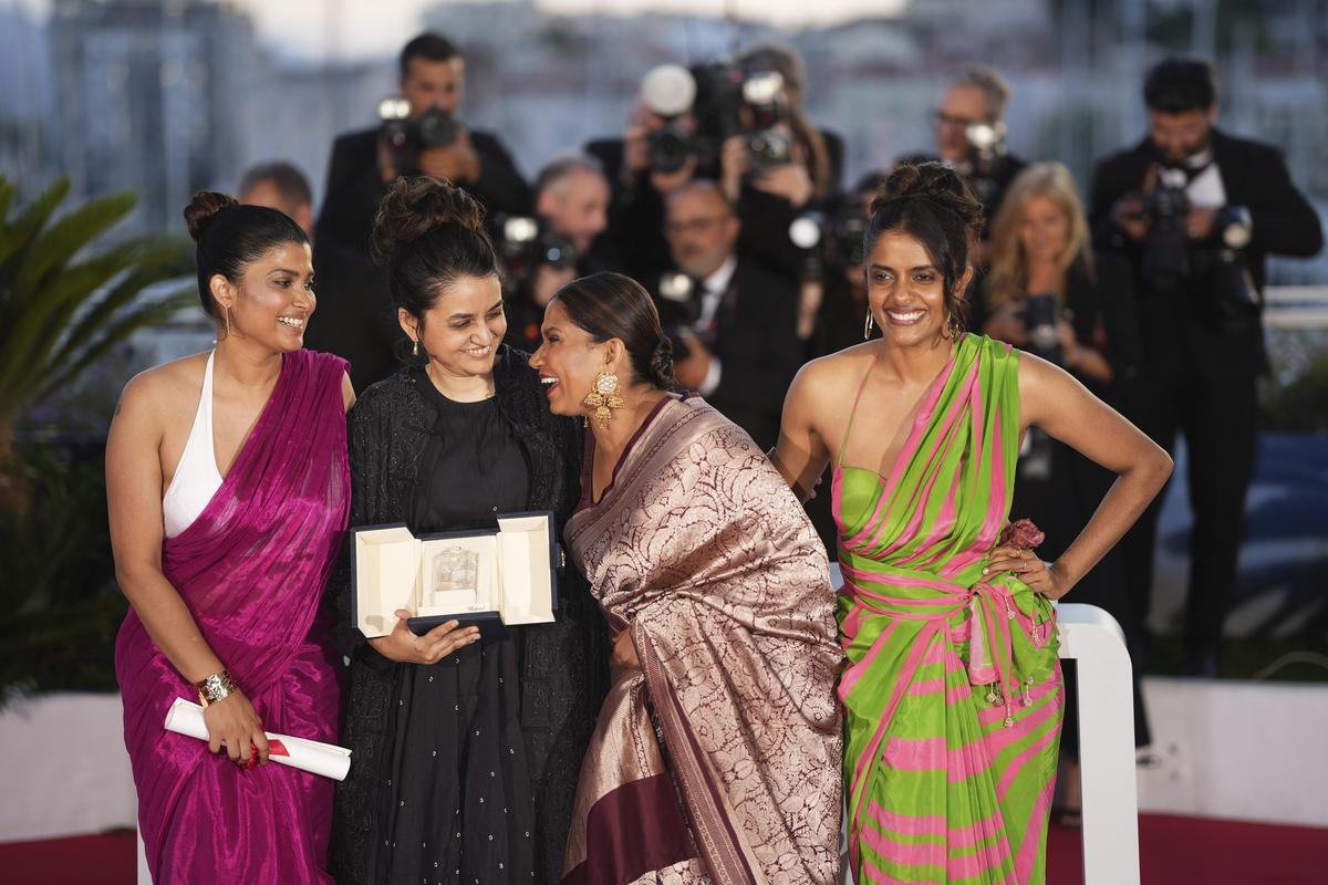 Payal Kapadia, second from left , winner of the grand prize for ‘All We Imagine as Light,’ poses with Divya Prabha, from left, Chhaya Kadam and Kani Kusruti during the photo call following the awards ceremony at the 77th international film festival, Cannes, southern France, Saturday, May 25, 2024