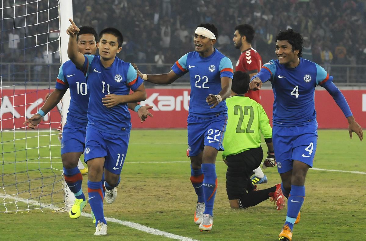 Chhetri celebrates after scoring a goal against Afghanistan, with Jeje Lalpekhula, Syed Rahim Nabi and Nirmal Chettri during the finals of the SAFF Football Championship 2011 in New Delhi on December 11, 2011.