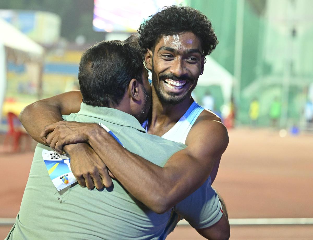 Vishal T.K. of Tamil Nadu celebrates after winning the men’s 400m gold in 44.98s in the 29th National Senior Athletics Federation Competition 2026 at Birsa Munda stadium in Ranchi on Satuday, 23 May 2026.
