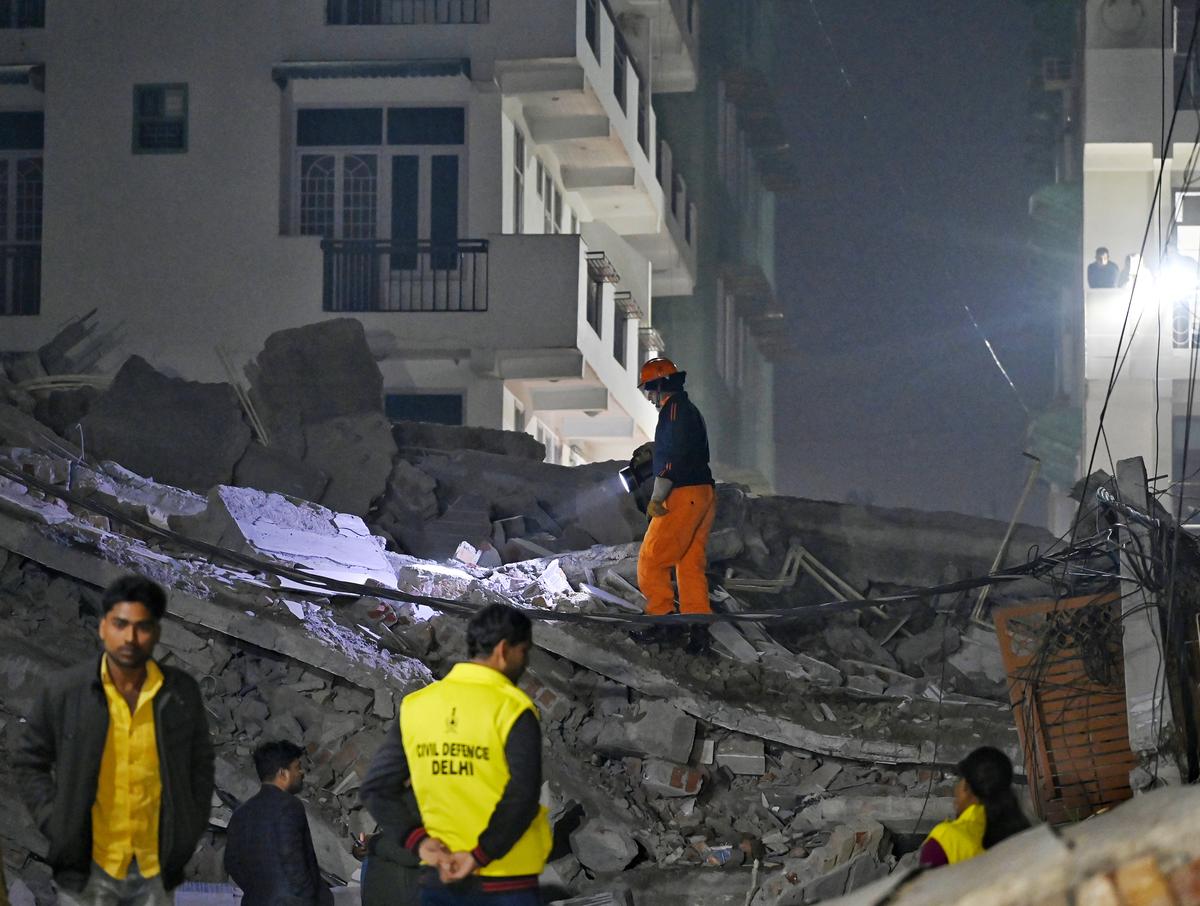 escue operations underway after a four-storey recently built building collapsed at Kaushik Enclave in Delhi’s Burari area, in New Delhi on January 27, 2025 escue operations underway after a four-storey recently built building collapsed at Kaushik Enclave in Delhi’s Burari area, in New Delhi on January 27, 2025