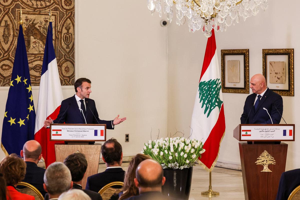 French President Emmanuel Macron and Lebanese President Joseph Aoun attend a press conference at the presidential palace, in Baabda, Lebanon on January 17, 2025.